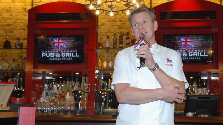 Gordon Ramsay talking on the mic in the Gordon Ramsay Pub & Grill