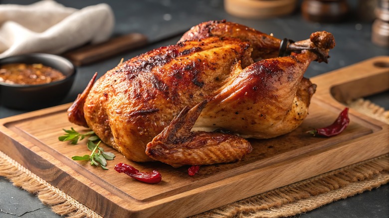a roast chicken sitting on a wooden cutting board