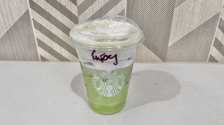 Iced Lavender Cream Latte on a table