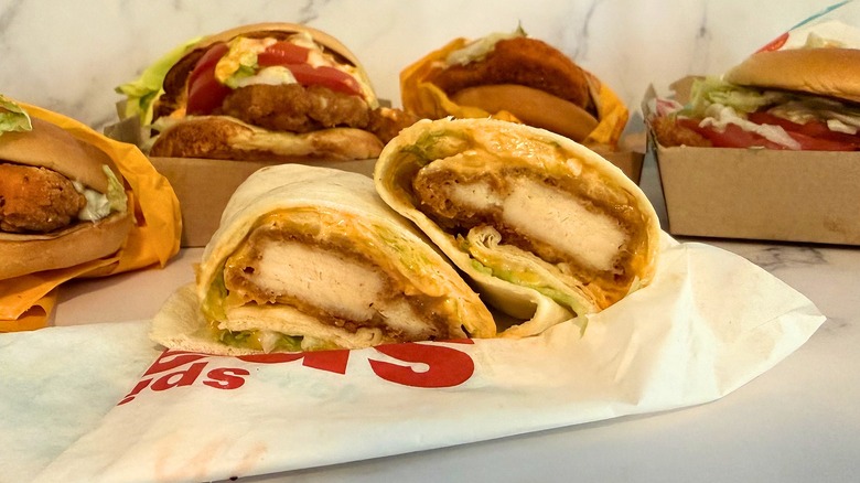 Spicy Snack Wrap from McDonald's cut in half on wrapper