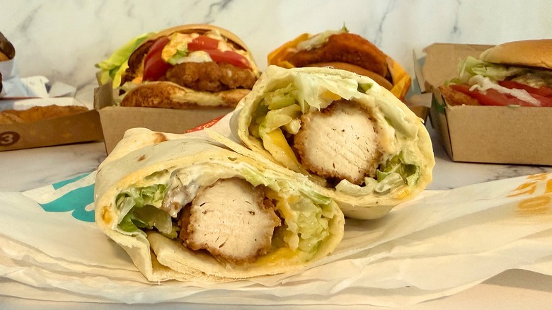 Ranch Snack Wrap from McDonald's cut in half on wrapper