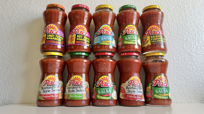 Pace salsa jars stacked on top of each other