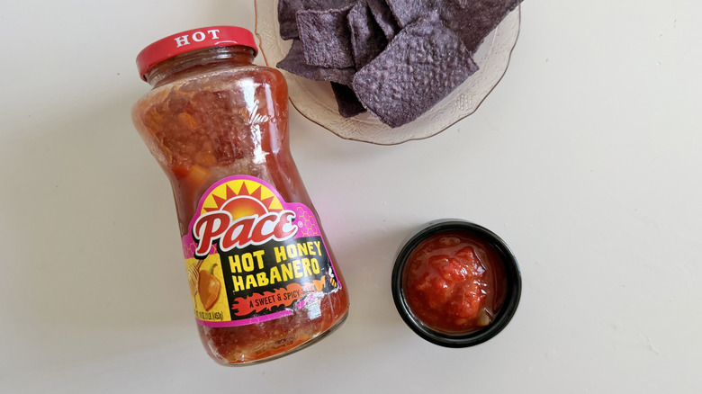 Jar of Hot Honey Habanero salsa on a table