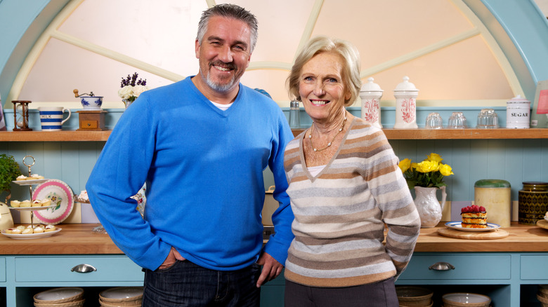 Judges Paul Hollywood and Mary Berry from the sport relief special of Celebrity Bake Off pose for a picture for sport relief 2012 in Somerset, England.