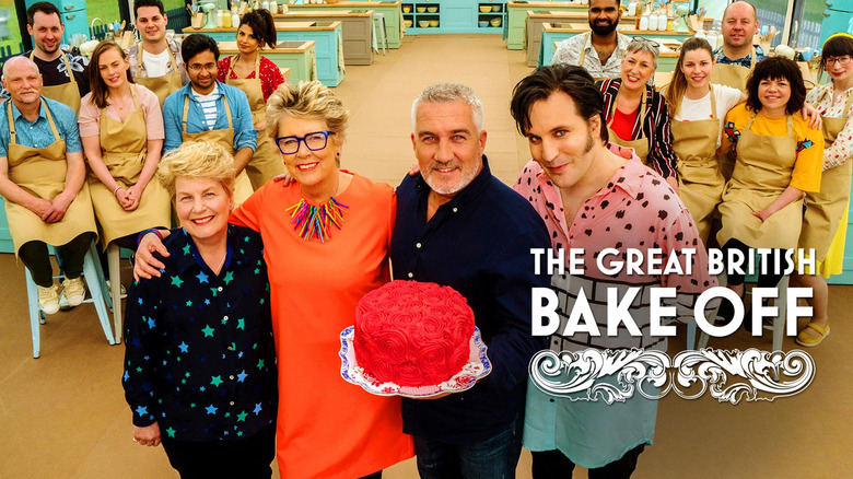 A poster for Season 9 of The Great British Bake-off with participants, judges, and hosts