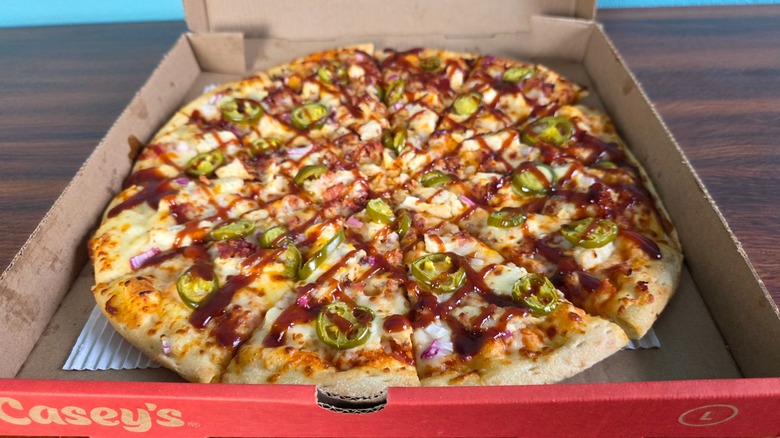 Casey's barn burner chicken pizza in a pizza box