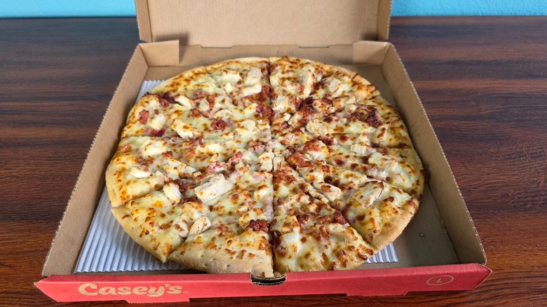 Casey's Chicken bacon ranch pizza in a box
