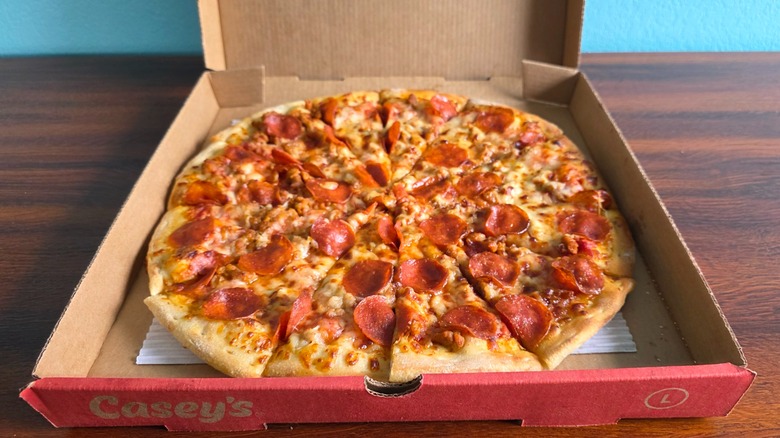 Casey's sweet heat sausage & pepperoni pizza in a pizza box