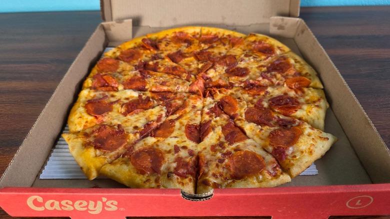 Casey's twisted pepperoni pizza in a pizza box