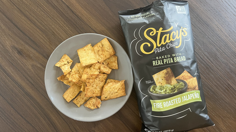 Stacy's Fire Roasted Jalapeno pita chips on plate.