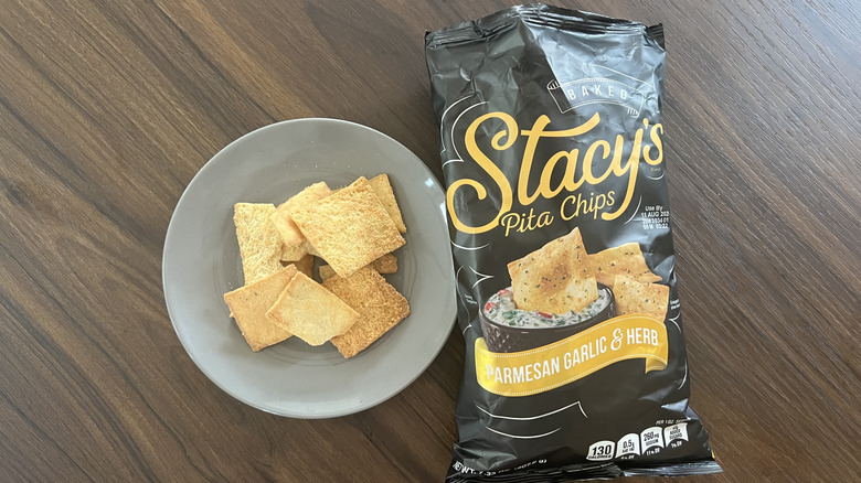 Stacy's Parmesan, Garlic & Herb pita chips on plate.