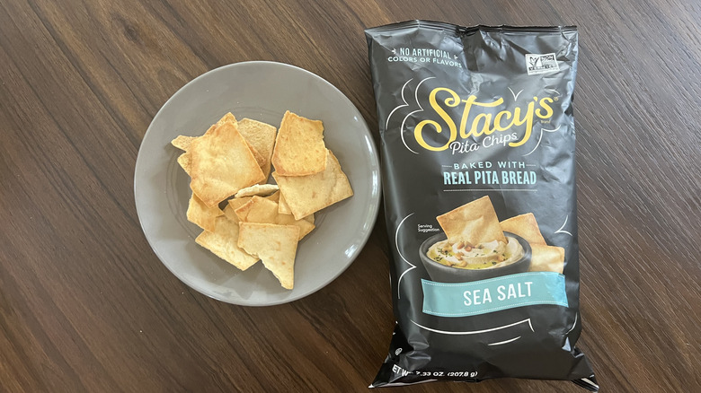 Stacy's Sea Salt pita chips on plate.