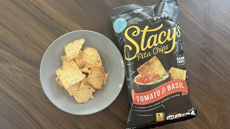 Stacy's Tomato & Basil pita chips on plate.