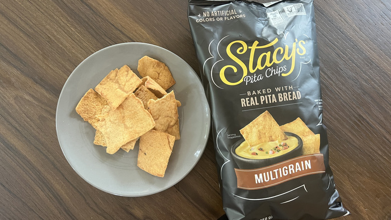 Stacy's Multigrain pita chips on plate.