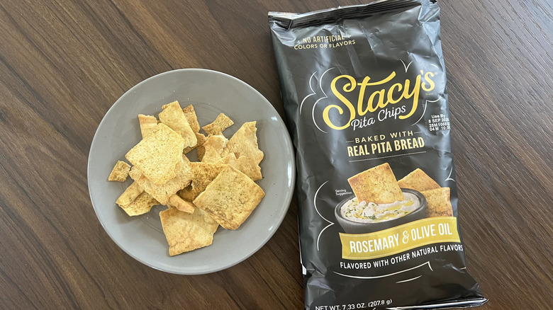 Stacy's Rosemary & Olive Oil pita chips on plate.