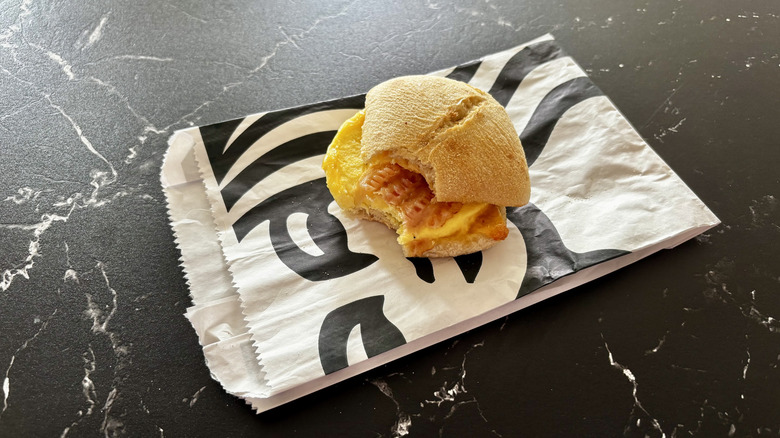 Starbucks bacon, gouda, and egg sandwich on wrapper