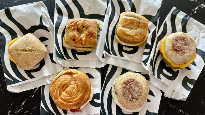 Various Starbucks' breakfast sandwiches on wrappers