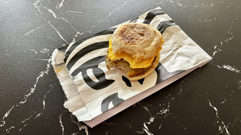 Starbucks' sausage breakfast sandwich on wrapper