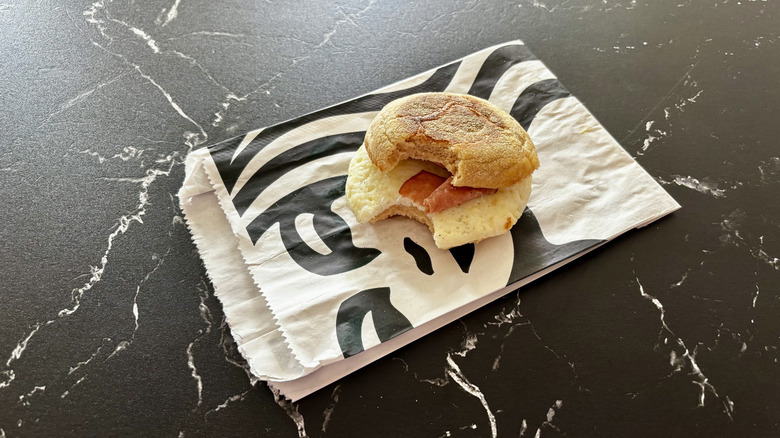 Starbucks turkey bacon egg white breakfast sandwich on wrapper