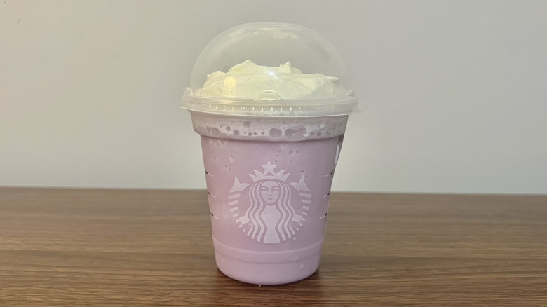 Starbucks Lavender Creme Frappuccino in to-go cup.