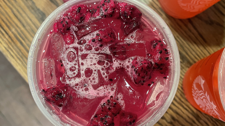 Close-up overhead view of the Mango Dragonfruit Refresher on a table