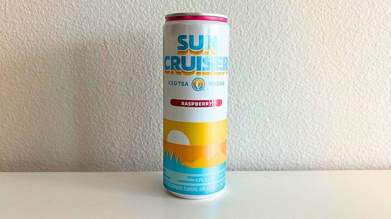 Can of Sun Cruiser Raspberry Iced Tea on white table