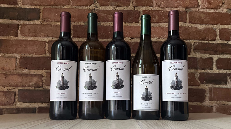 Trader Joe's Coastal wine bottles on wooden table