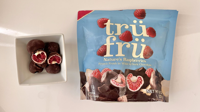 Raspberries Frozen Fresh in White & Dark Chocolate in a dish