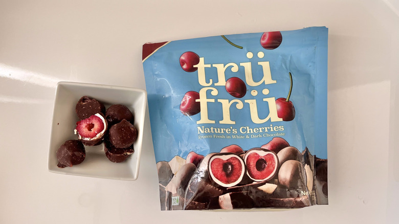 White & Dark Chocolate Frozen Whole Cherries in a small dish