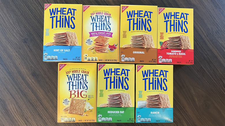 7 boxes of Wheat Thins in different flavors.