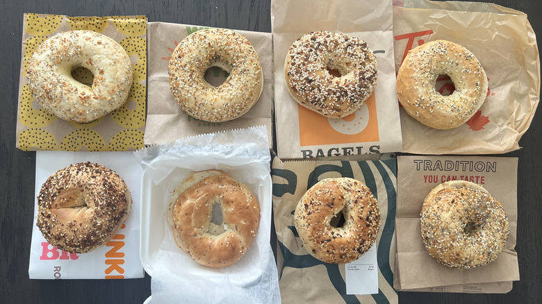 Top view of everything bagels from 8 different bakeries lined in two rows on a table