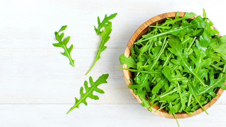 Green leaves of arugula on a white table