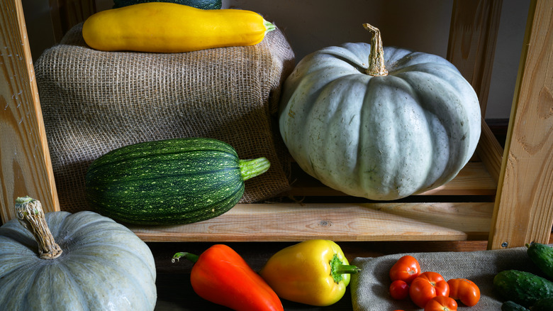Varieties of squash and other crops being stored in a cool and dry enviroment