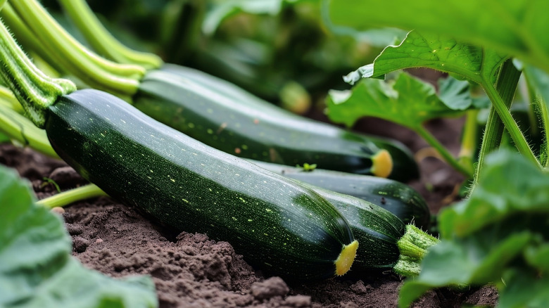 A close up of the summer squash of zucchini growing and heady to be harvested