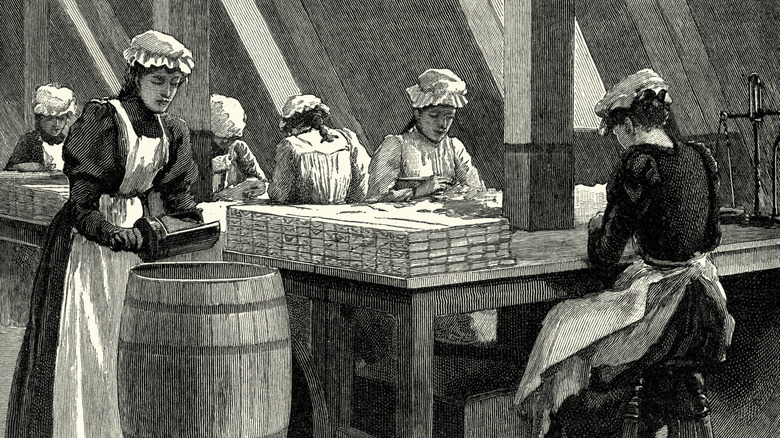 vintage illustration of women workers packing baking soda in a Victorian-era factory