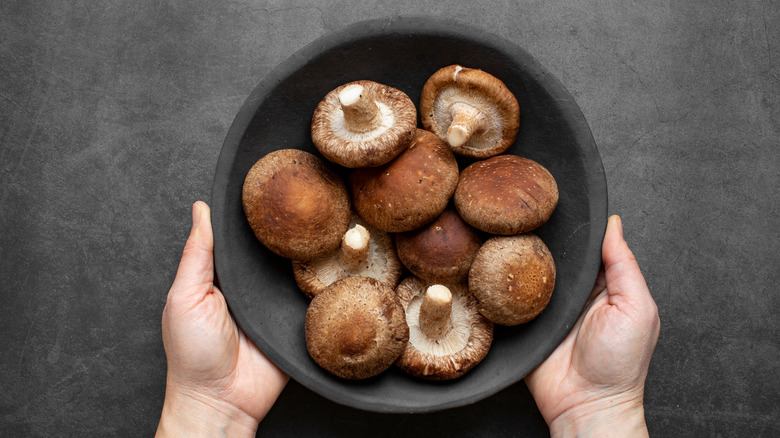 hands holding shiitake mushrooms bowl