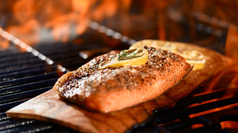 Grilled salmon on wood plank