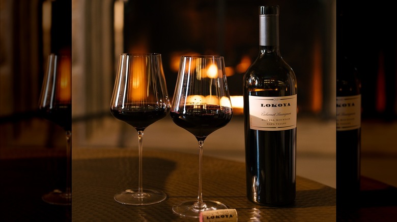 Bottle and glasses of Lokoya Howell Mountain Cabernet Sauvignon