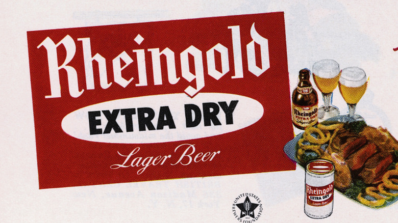 An advertisement for Rheingold beer reading "Rheingold Extra Dry Lager Beer", posed next to a bottle, a can, two glasses of beer, and a platter of food