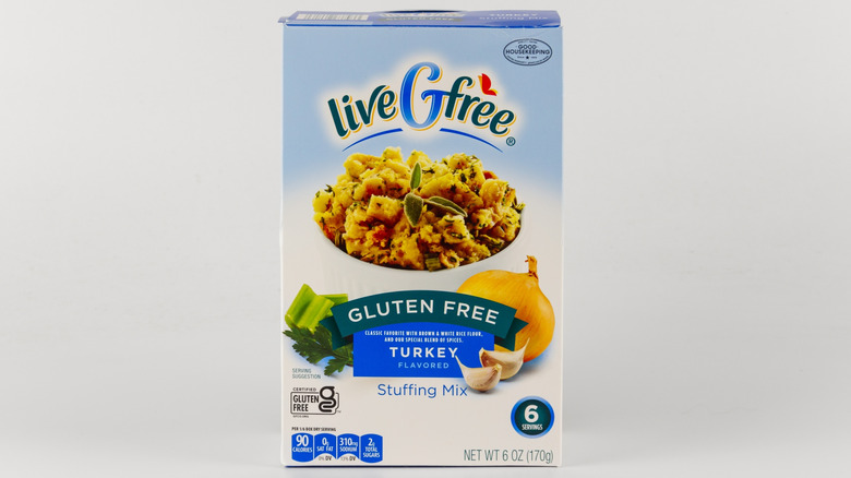 Box of liveGfree brand turkey stuffing isolated on white background