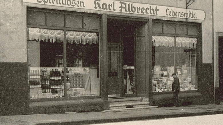 Black and white storefront of original Aldi in Essen, Germany