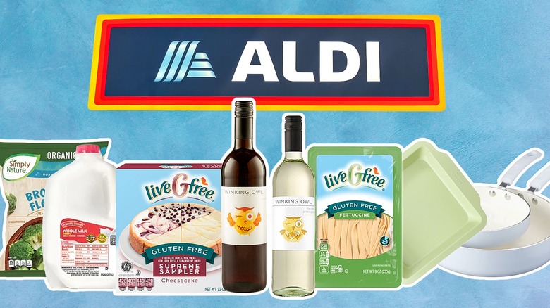 Assortment of Aldi items underneath the chain's logo, against a light blue background