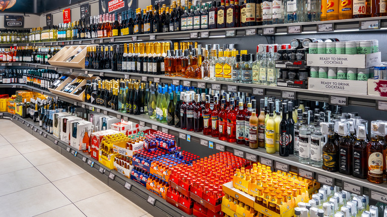 Large selection of wine, liquor, and canned cocktails at an Italian Aldi