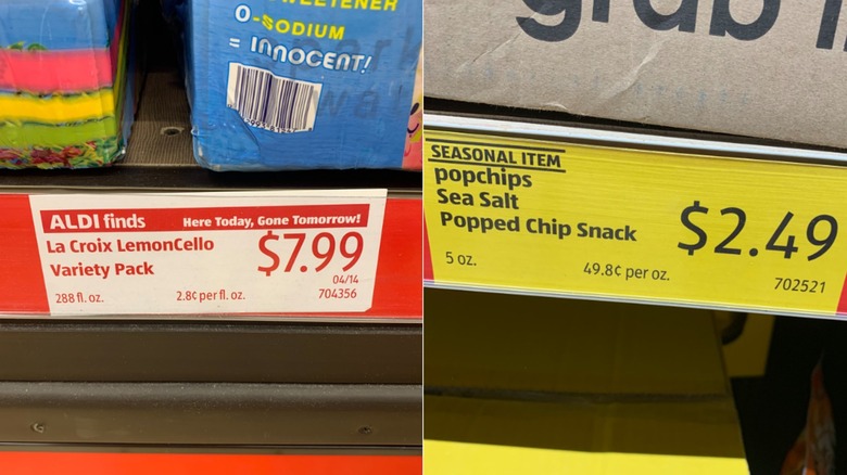 Split image of a yellow and black Aldi price tag and a white and red price tag