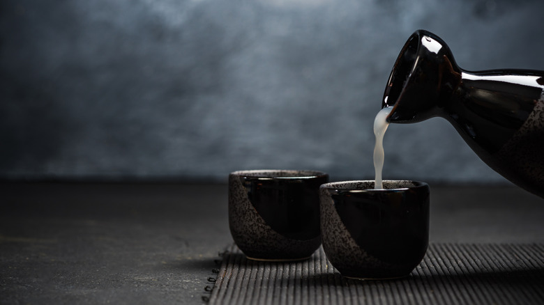 Ceramic sake bottle and cups