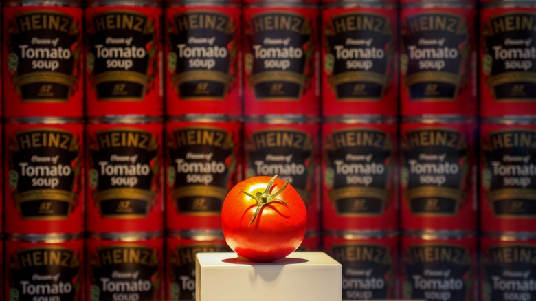 Tomato in front of Heinz tomato soup cans