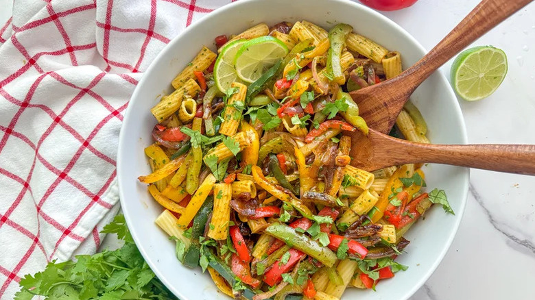 Fajita Pasta with Cilantro Lime Sauce in white bowl