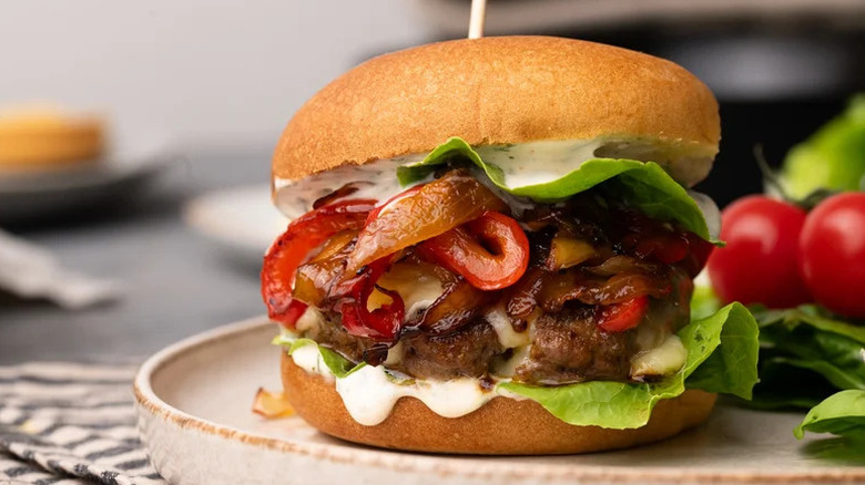 Spicy Beef Fajita Burger on beige plate