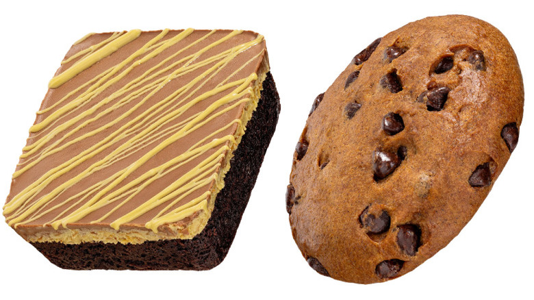 Crumbl Dubai Chocolate Brownie and Pumpkin Chocolate Chip Cookie on a white background