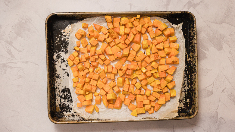 sheet pan with roasted butternut squash